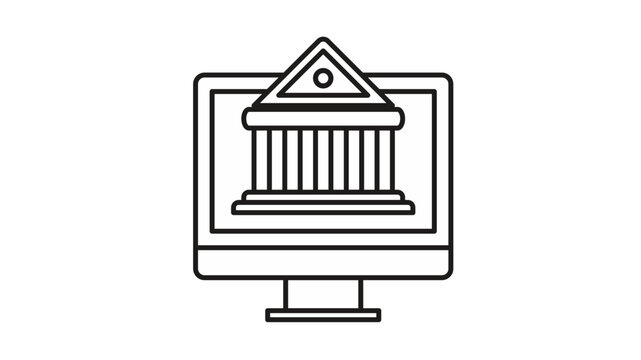 Online banking vector icon illustration. A black line art symbol of a classical bank building with columns on a computer monitor screen, representing digital finance, e-banking, and fintech.