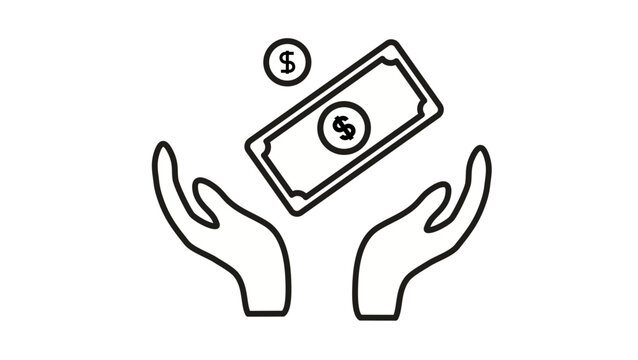 Black line art vector icon illustration of two hands cupped together catching or holding a falling dollar bill and a coin, representing financial aid, donation, charity, or earning money.