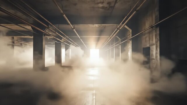 Cinematic industrial basement with smoke and volumetric light