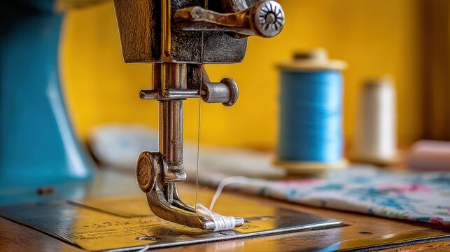 Close-up view of a vintage sewing machine, needle and thread in focus with yellow background