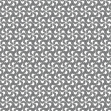 A seamless black and white geometric pattern of interconnected hexagons