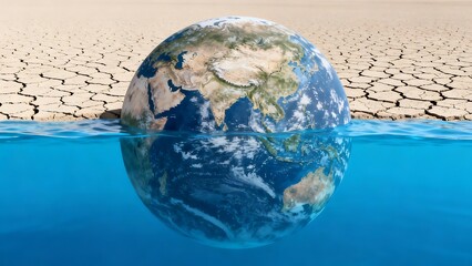 Fototapeta premium Earth partially submerged in water with dry cracked land