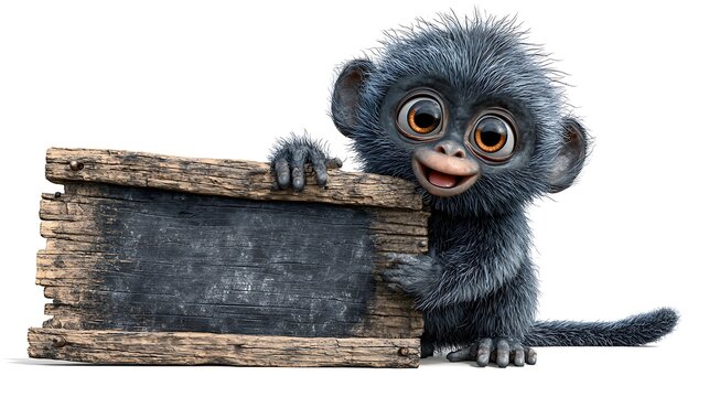 Small dark furred 3d monkey character leaning on a weathered wooden chalkboard on white