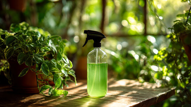 Spray bottle on patio amidst lush garden, lit by soft sunlight, surrounded by green plants .