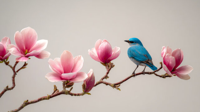 Spring concept, blue bird and pink magnolia branch, serene composition .