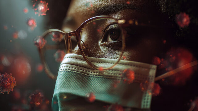 Woman in a medical mask against virus, floating virus cells background.