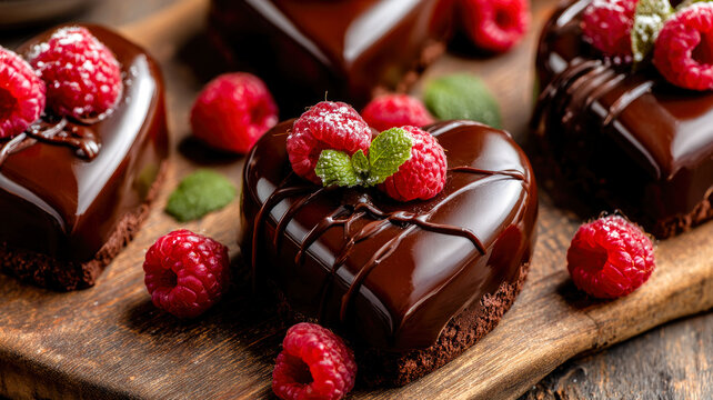 Heart-shaped chocolate cookies with raspberries on a wooden table  surrounded by fresh raspberries .
