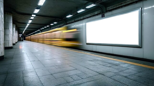 Subway train moving past blank advertising billboard underground