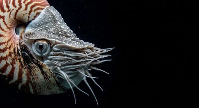 Macro portrait of a Nautilus head and tentacles on a black background with copy space. Sharp details of the shell and skin in a professional minimalist studio setting