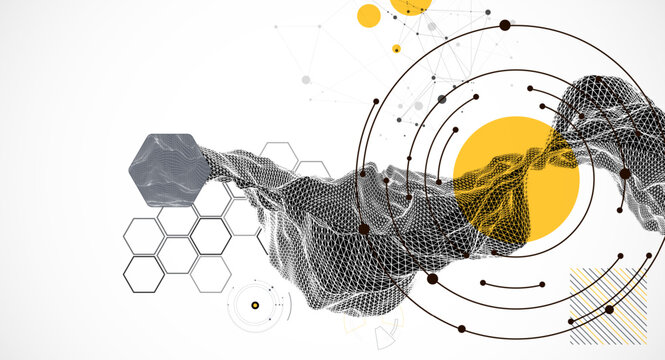 Abstract art composition with wireframe waves, geometric shapes, dots, and lines. Vector