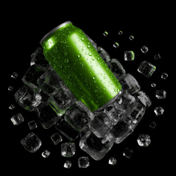 3D Refreshing Green Beverage Can with Ice Cubes
