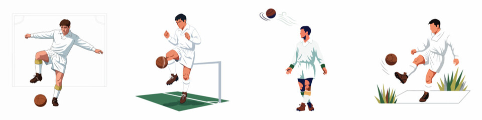 Set of vintage soccer player illustrations performing various actions like kicking and juggling with a classic leather football in a retro style. © Mustajib