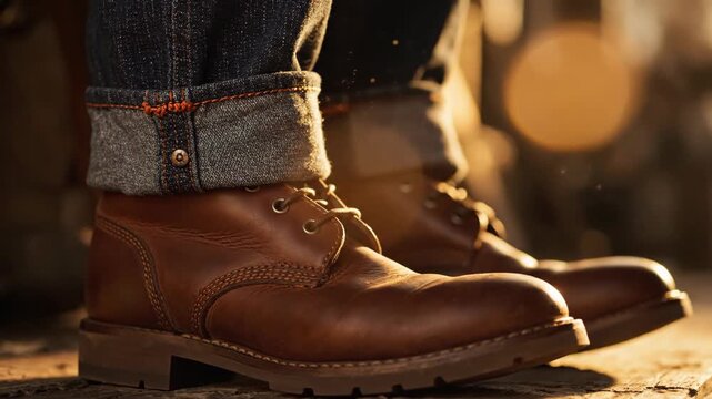 Man in jeans wearing leather boots