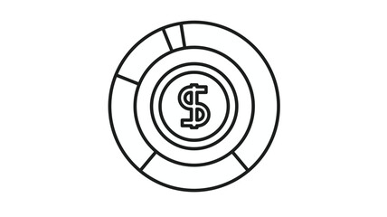 Minimalist black line vector icon of a poker chip with a dollar sign in the center, representing casino gambling, betting, currency tokens, and financial gaming for modern web and app design. © Elva