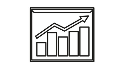 Black and white minimalist vector icon of a business growth bar chart with an upward trending arrow inside a square frame, representing financial success, data analysis, and market progress. © Elva
