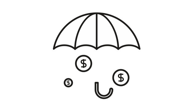 Financial insurance and money protection vector icon illustration featuring a black line art umbrella sheltering dollar sign coins, symbolizing wealth security and savings for a rainy day.