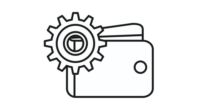 Black line vector icon illustration of a wallet combined with a gear cogwheel, symbolizing financial management, payment settings, money processing, and digital wallet configuration services.