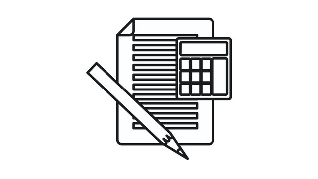 Black and white vector icon illustration of a business document with a calculator and a pencil, representing accounting, financial planning, tax preparation, budgeting, and office paperwork.