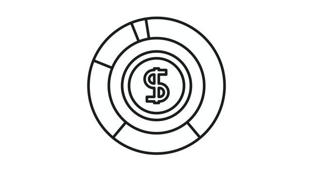 Minimalist black line vector icon of a poker chip with a dollar sign in the center, representing casino gambling, betting, currency tokens, and financial gaming for modern web and app design.