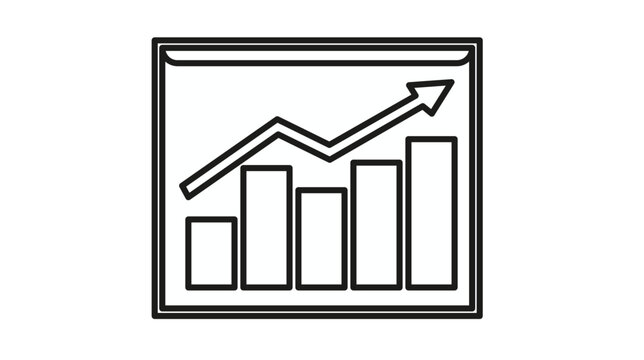 Black and white minimalist vector icon of a business growth bar chart with an upward trending arrow inside a square frame, representing financial success, data analysis, and market progress.
