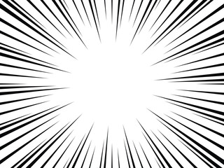 Naklejka premium Comic radial speed lines background. Manga action burst effect design. Dynamic motion explosion rays illustration. Dramatic comic style background template.