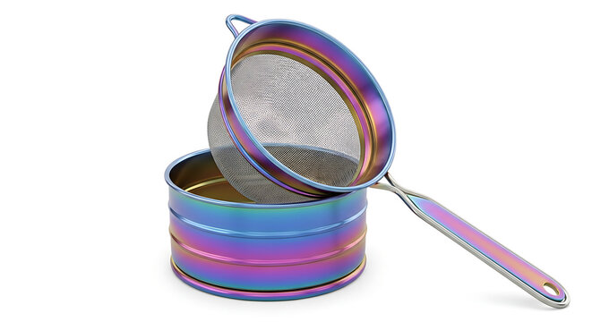Iridescent rainbow metal sieve strainer with handle, kitchen utensil for cooking and baking, isolated on white background