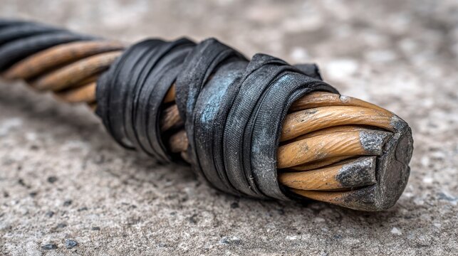 disconnection. A severed end of a thick electrical cable wrapped with black tape on concrete. product launch decks, UI/UX mockups, designed for data visualization dashboards and holographic UIs.