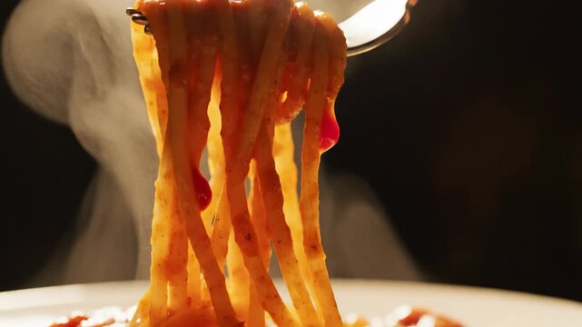 Steaming hot spaghetti on a fork with tomato sauce
