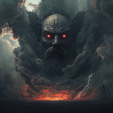 Giant storm god with red glowing eyes emerging from thunderclouds