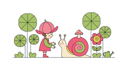 A cute child interacts with a friendly snail in a whimsical garden vector illustration. © raigen