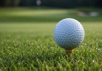 Obraz premium White golf ball sits perched upon a wooden tee in the middle of a lush green course.