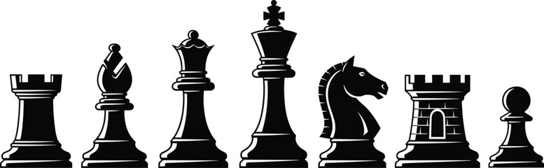 Chess Piece Set Illustration with King, Queen, Rook, Bishop, Knight, and Pawn for Board Game and Strategy Designs © MstAlif