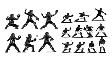 Obraz premium Collection of baseball catcher silhouettes in various dynamic poses and defensive actions in a clean vector style