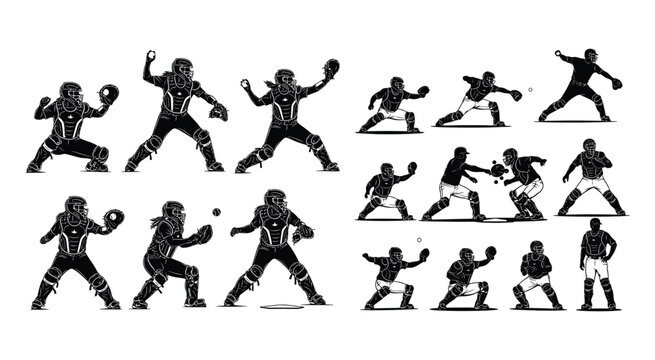 Collection of baseball catcher silhouettes in various dynamic poses and defensive actions in a clean vector style