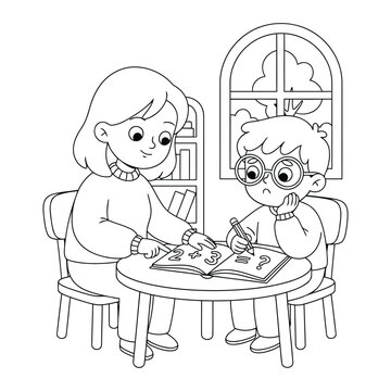Math learning teacher helping child solve addition problem at table education scene illustration coloring page