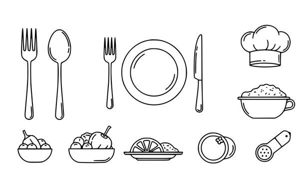 Restaurant Icon Set with Fork Spoon Knife and Chef Hat