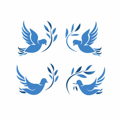 Fototapeta premium Four stylized blue dove illustrations with olive branches, symbols of peace and hope