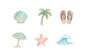 Fototapeta premium Watercolor Beach Elements Icon Set