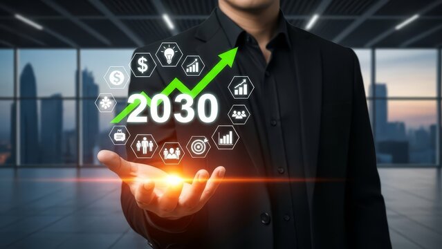 Businessman presents future business growth and strategic vision for 2030 with digital icons.