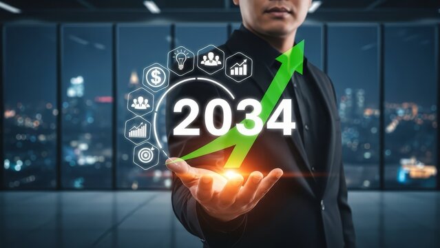 Businessman presents the year 2034 with an upward arrow, surrounded by business icons in a modern city.