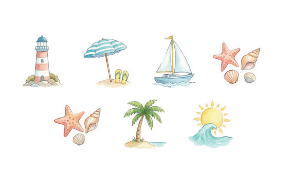 Watercolor Beach Elements and Tropical Vacation Icons Set