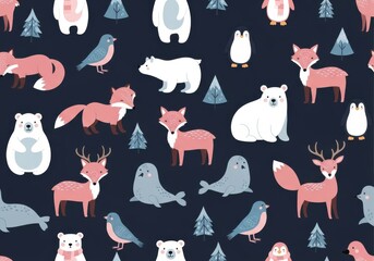 Fototapeta premium Seamless pattern features cute arctic animals and stylized evergreen trees on a dark background.