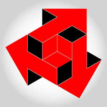 Impossible red triple arrow illusion with 3D isometric blocks on a light gray gradient.