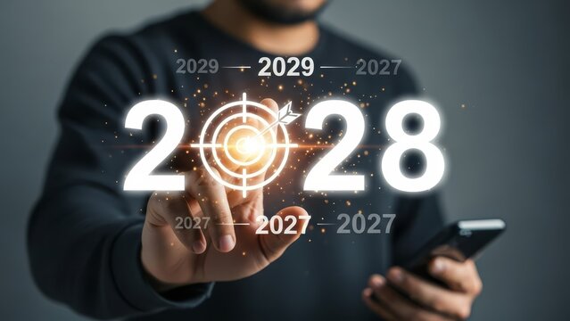 Man interacts with a digital target for 2028, setting ambitious goals for the coming year.