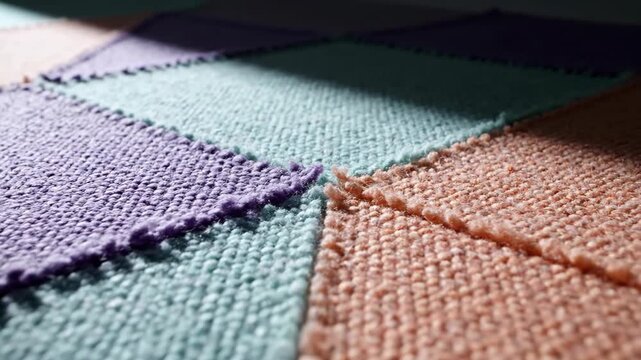 Colorful textured knitted patchwork with woolen stitches