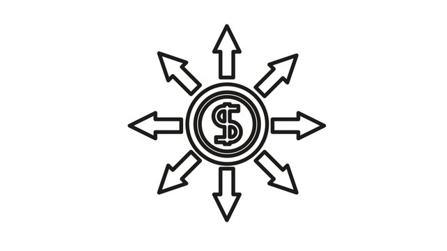 Minimalist black line vector icon of a dollar sign coin with eight arrows pointing outwards, representing money distribution, financial diversification, investment growth, and global cash flow.