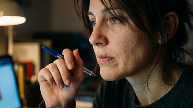 Stressed businesswoman biting lip while working late on laptop