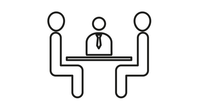 Business meeting vector icon illustration featuring three people sitting at a table for a conference, job interview, or professional negotiation. Minimalist black line art symbol for corporate.