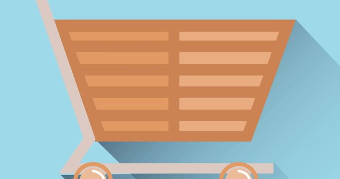 Digital animation of brown shopping cart icon over blue circular shape against black background