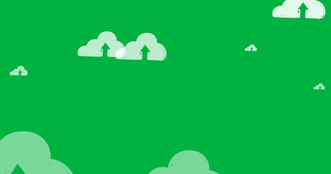 Digital animation of multiple cloud upload icons floating against black background